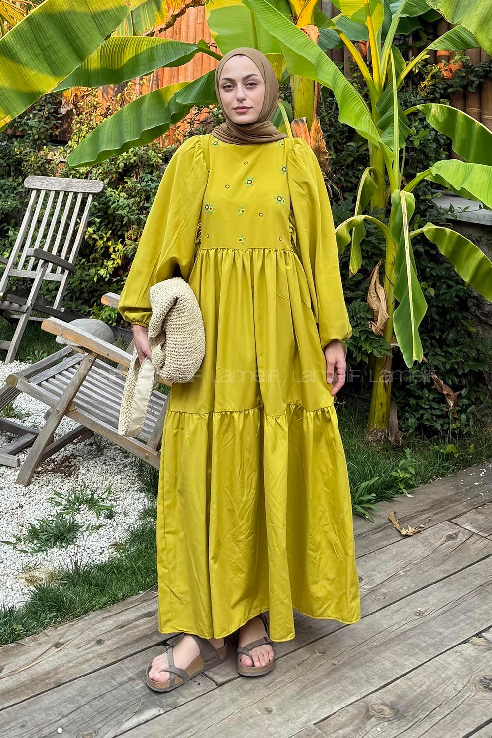 Lamelif Elica Tesettür Elbise Yağ Yeşili