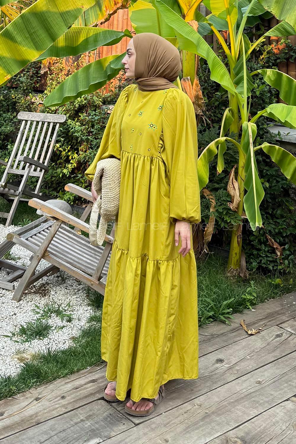 Lamelif Elica Tesettür Elbise Yağ Yeşili