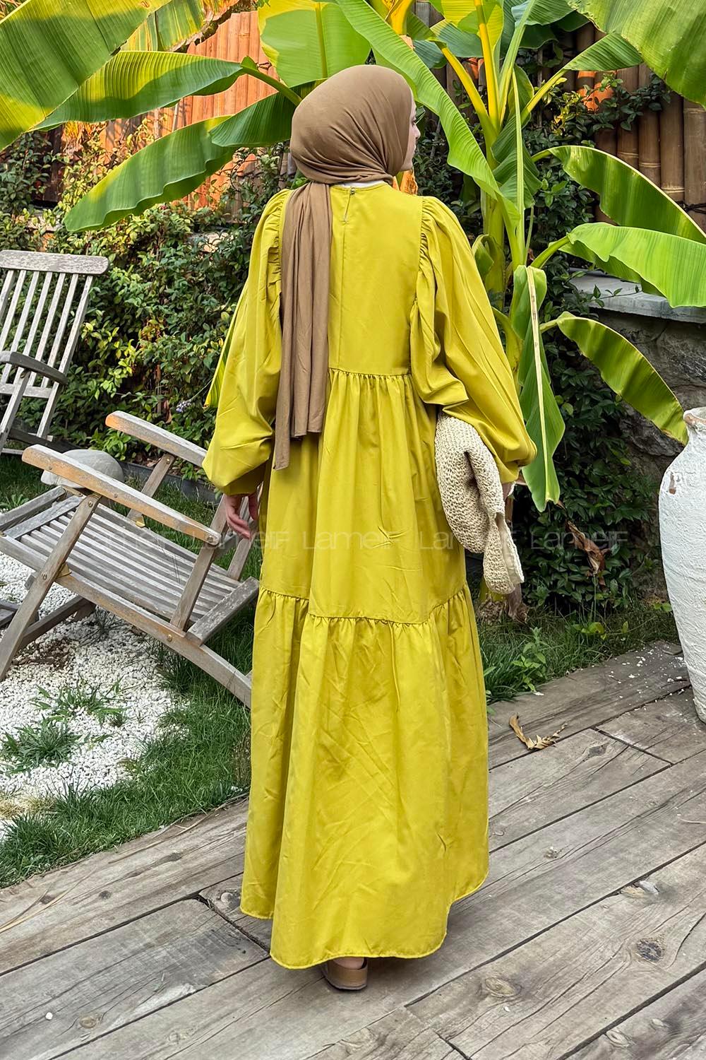 Lamelif Elica Tesettür Elbise Yağ Yeşili