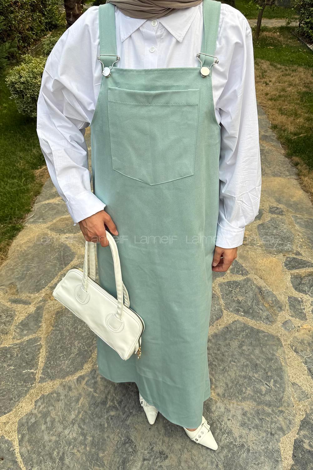 Lamelif Kanguru Cepli Tesettür Elbise Mint Yeşili