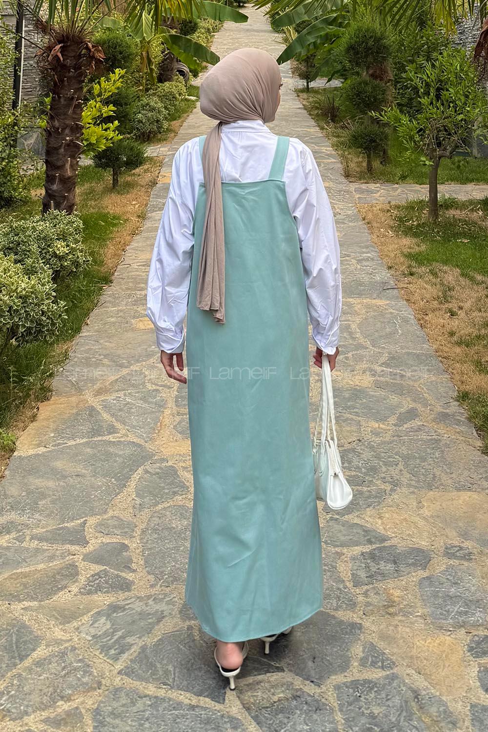 Lamelif Kanguru Cepli Tesettür Elbise Mint Yeşili