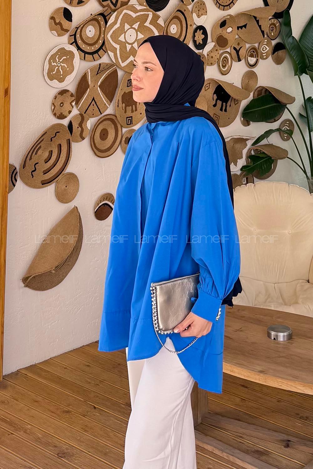 Lamelif Manşeti Biyeli Tunik Mavi