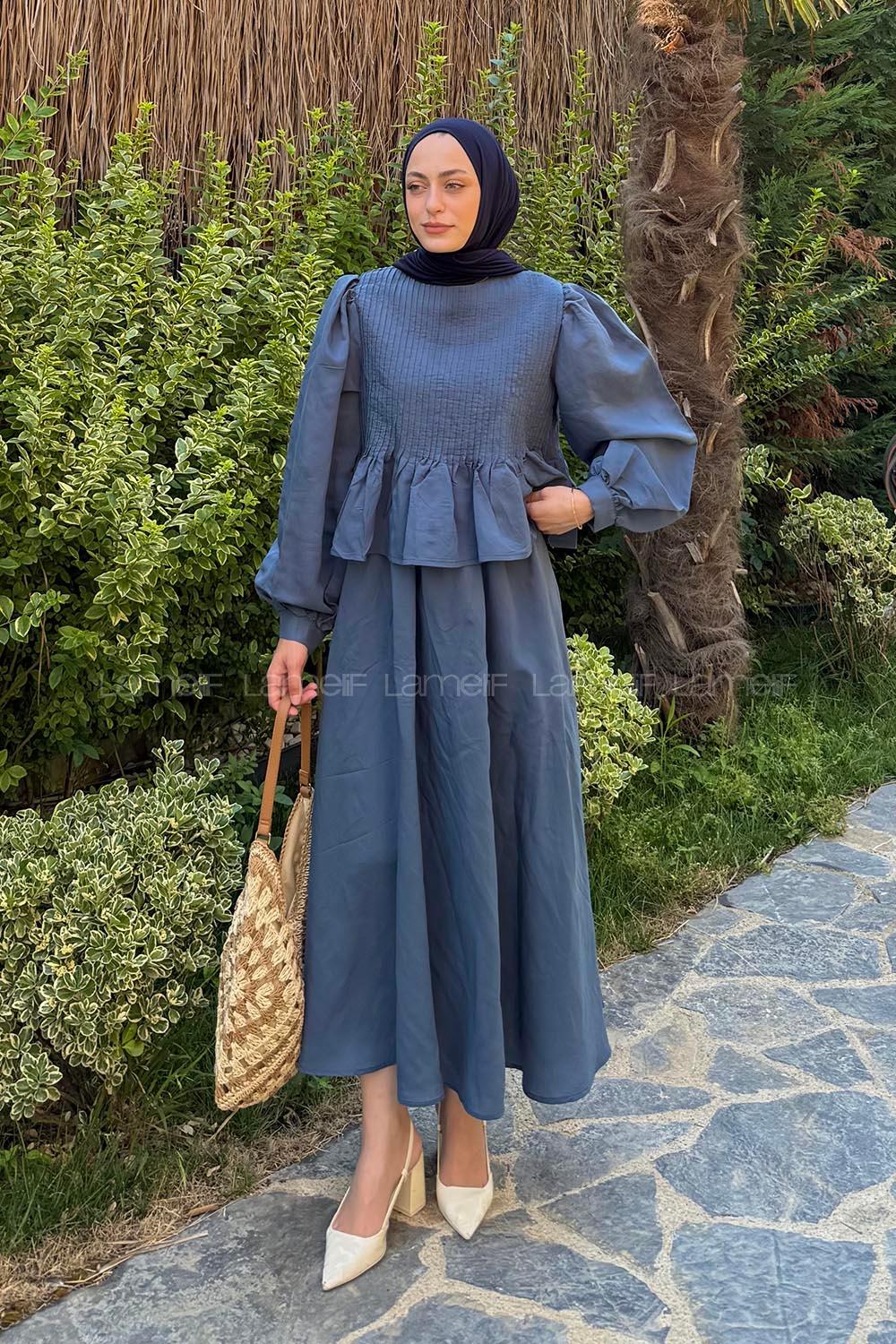 Lamelif Modal Etekli Tesettür Takım İndigo