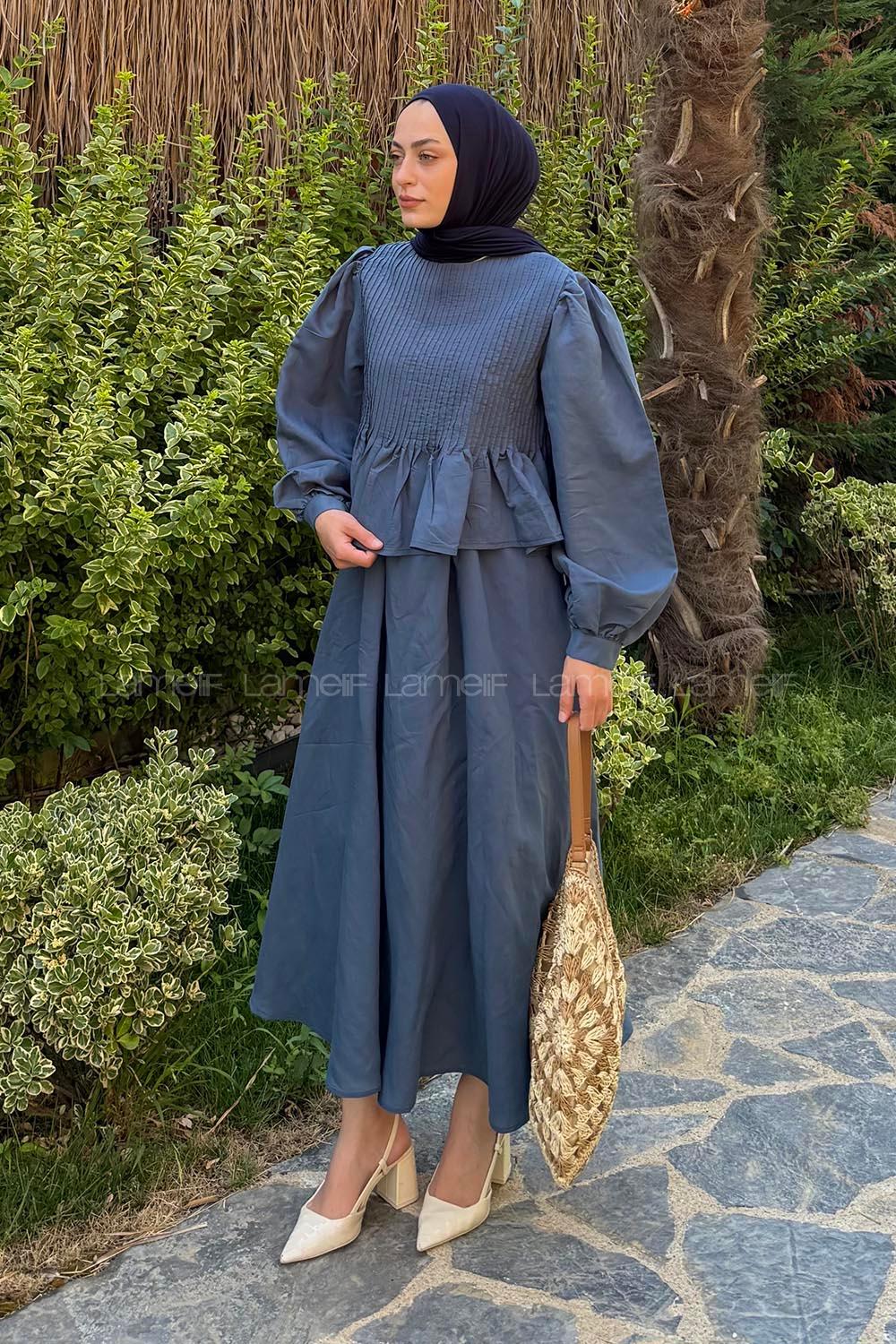 Lamelif Modal Etekli Tesettür Takım İndigo