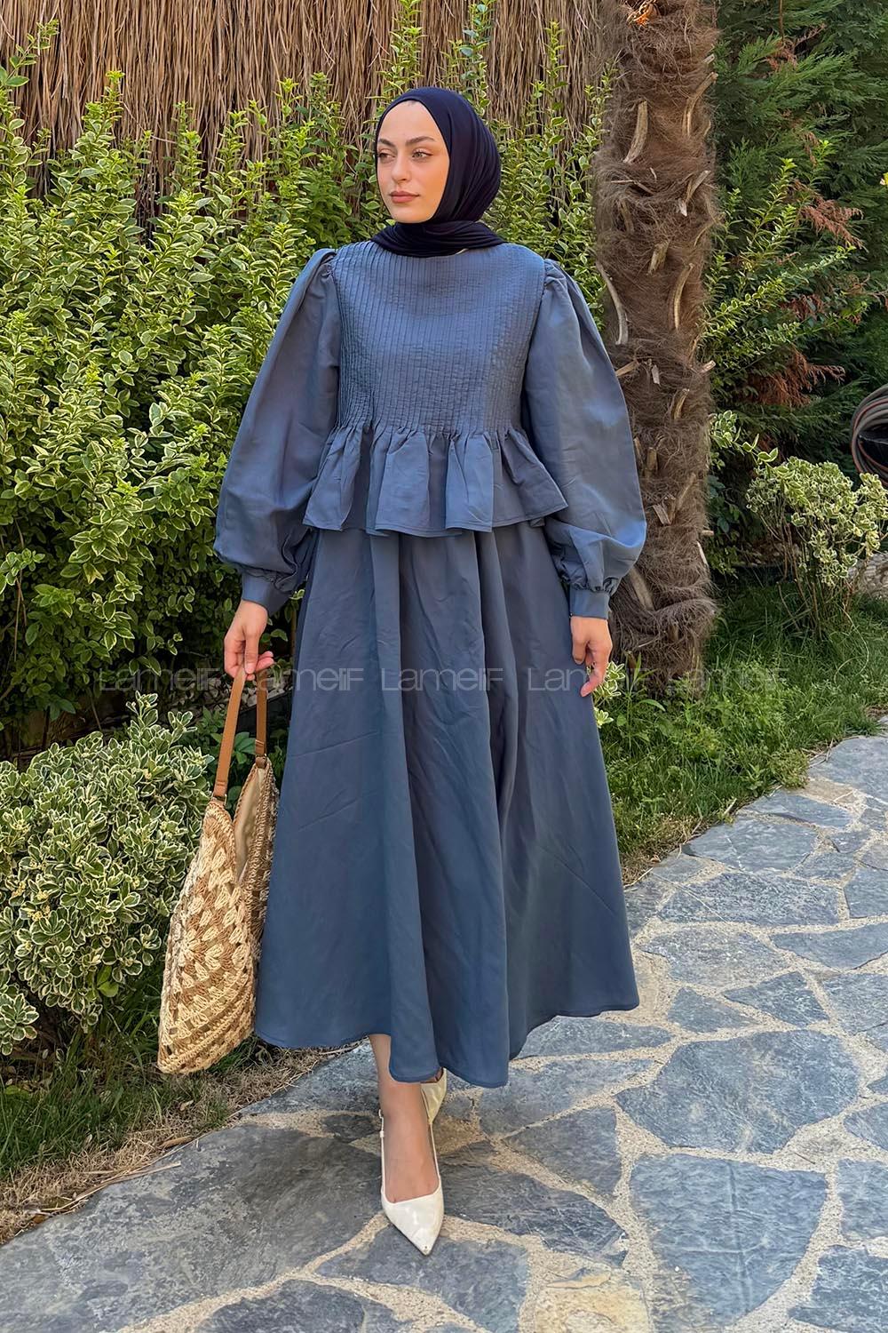 Lamelif Modal Etekli Tesettür Takım İndigo