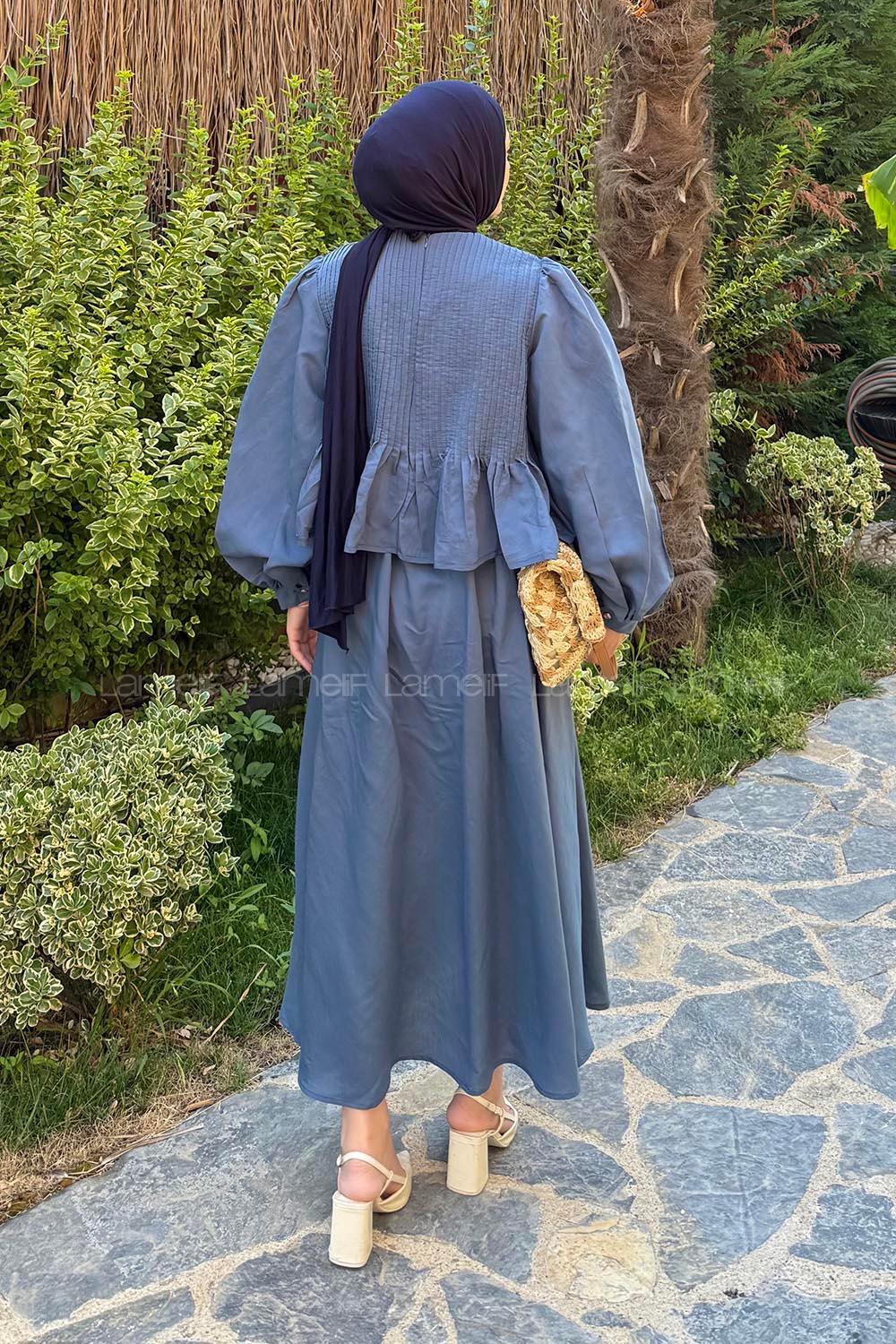 Lamelif Modal Etekli Tesettür Takım İndigo