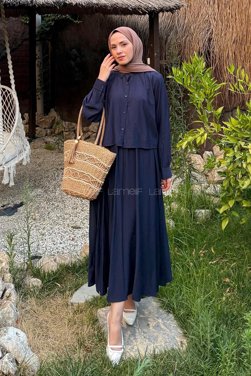 Navy Blue Shirt Collar Long Arm Cotton Lycra Flare Suit