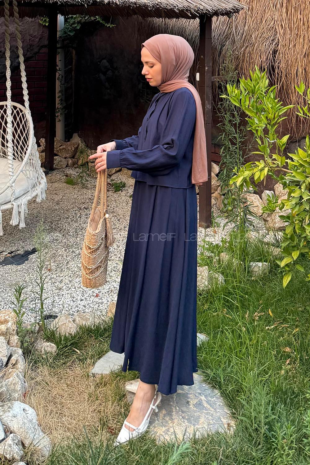 Navy Blue Shirt Collar Long Arm Cotton Lycra Flare Suit