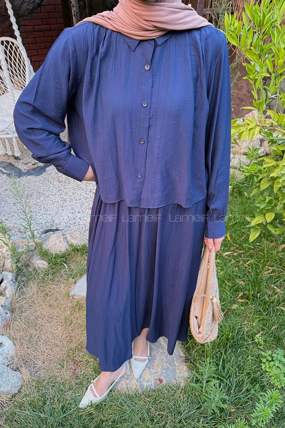 Navy Blue Shirt Collar Long Arm Cotton Lycra Flare Suit