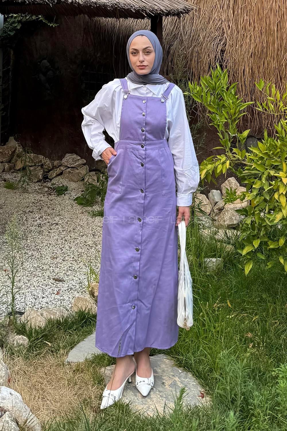 Lamelif Önü Boydan Düğmeli Salopet Lila