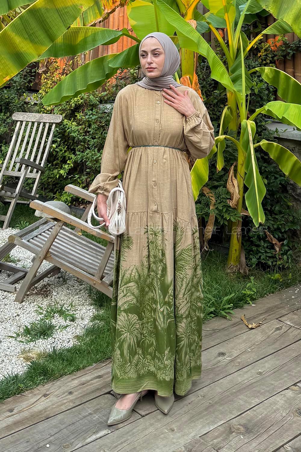 Lamelif Palmiye Desenli Elbise Yeşil