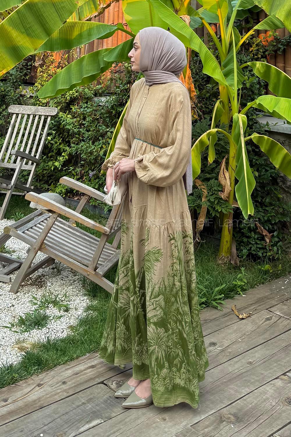 Lamelif Palmiye Desenli Elbise Yeşil