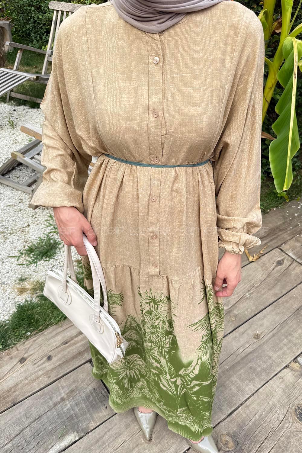 Lamelif Palmiye Desenli Elbise Yeşil