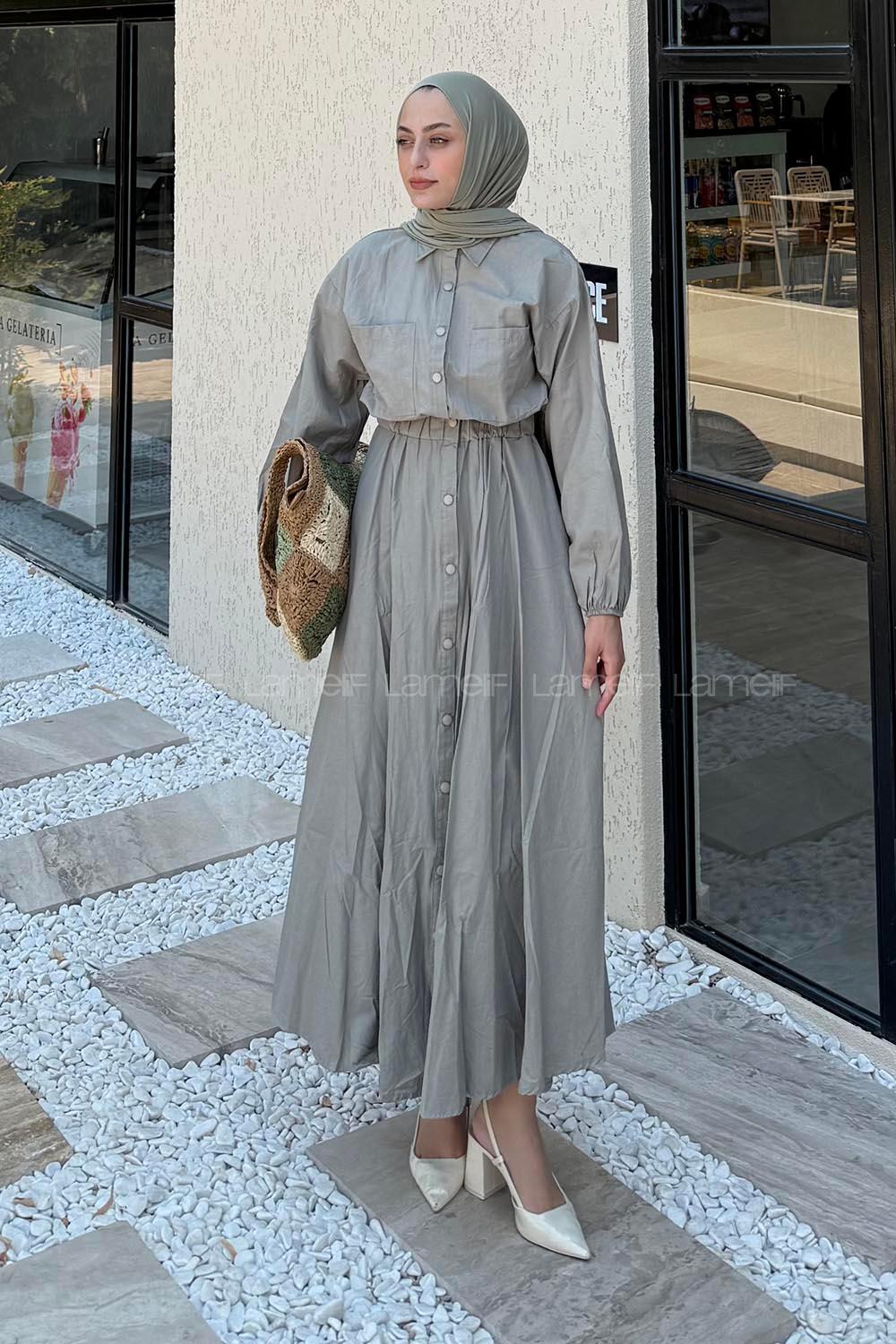 Lamelif Pat Detaylı Tesettür Elbise Çağla Yeşili