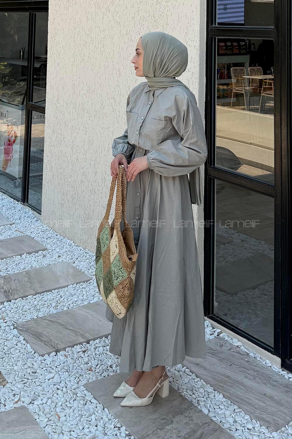 Lamelif Pat Detaylı Tesettür Elbise Çağla Yeşili