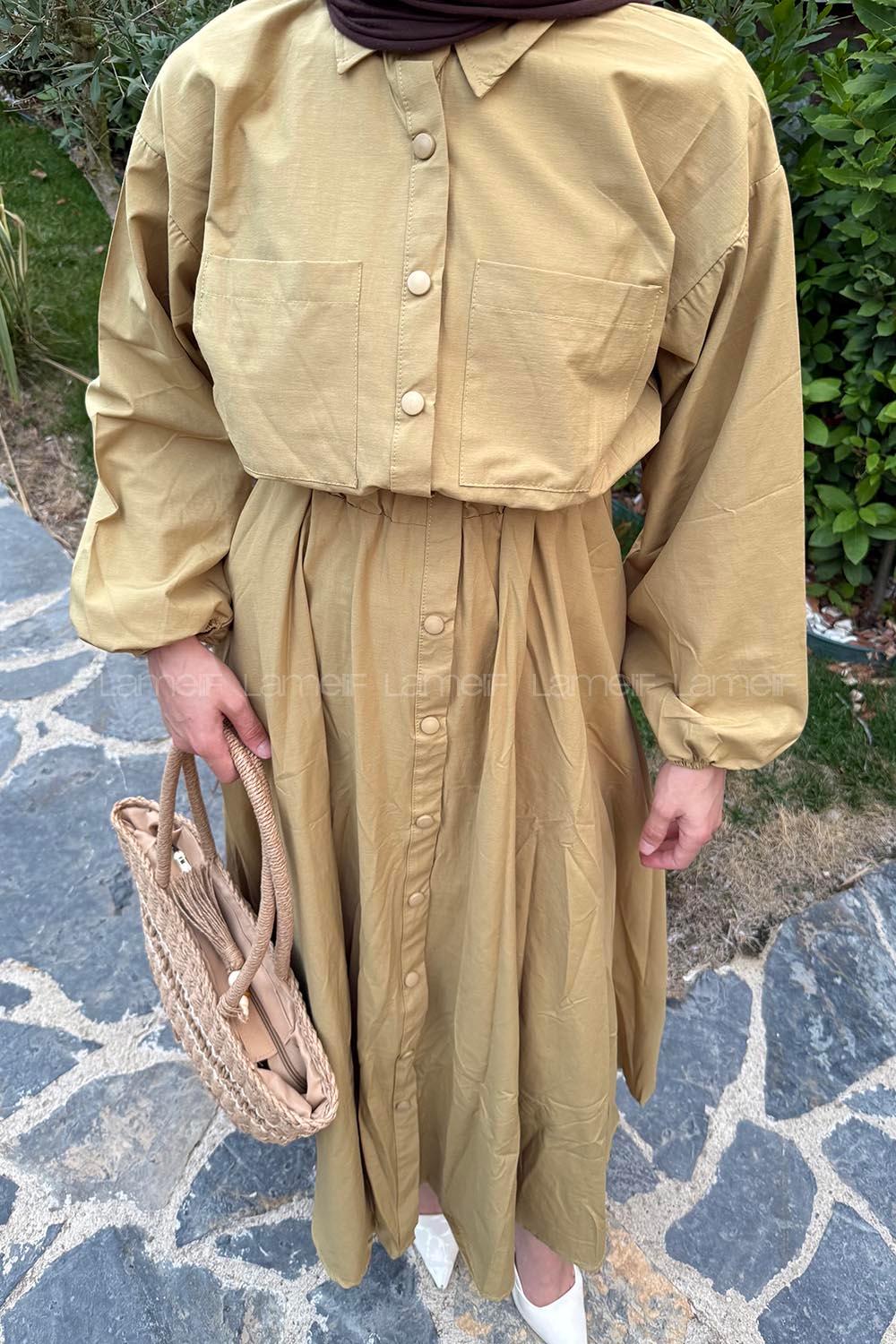 Lamelif Pat Detaylı Tesettür Elbise Hardal Sarısı