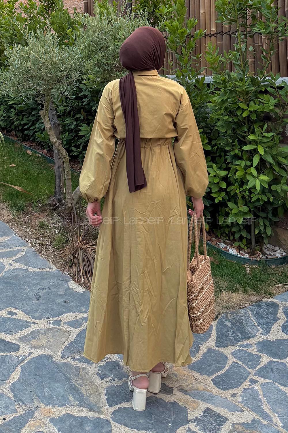 Lamelif Pat Detaylı Tesettür Elbise Hardal Sarısı