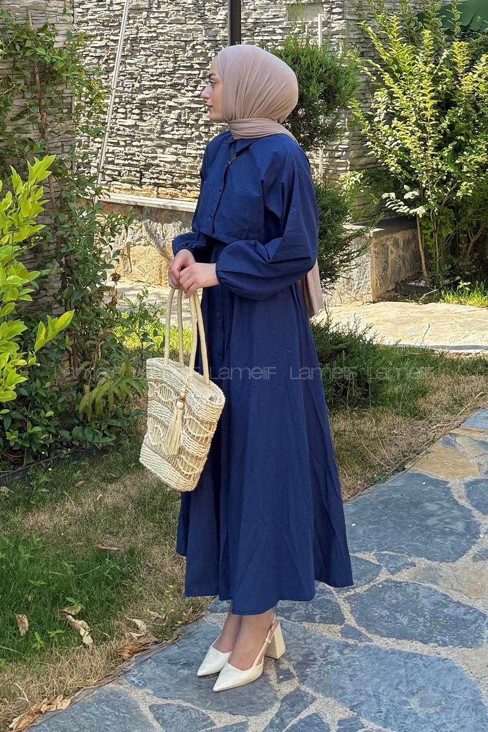 Lamelif Pat Detaylı Tesettür Elbise Lacivert