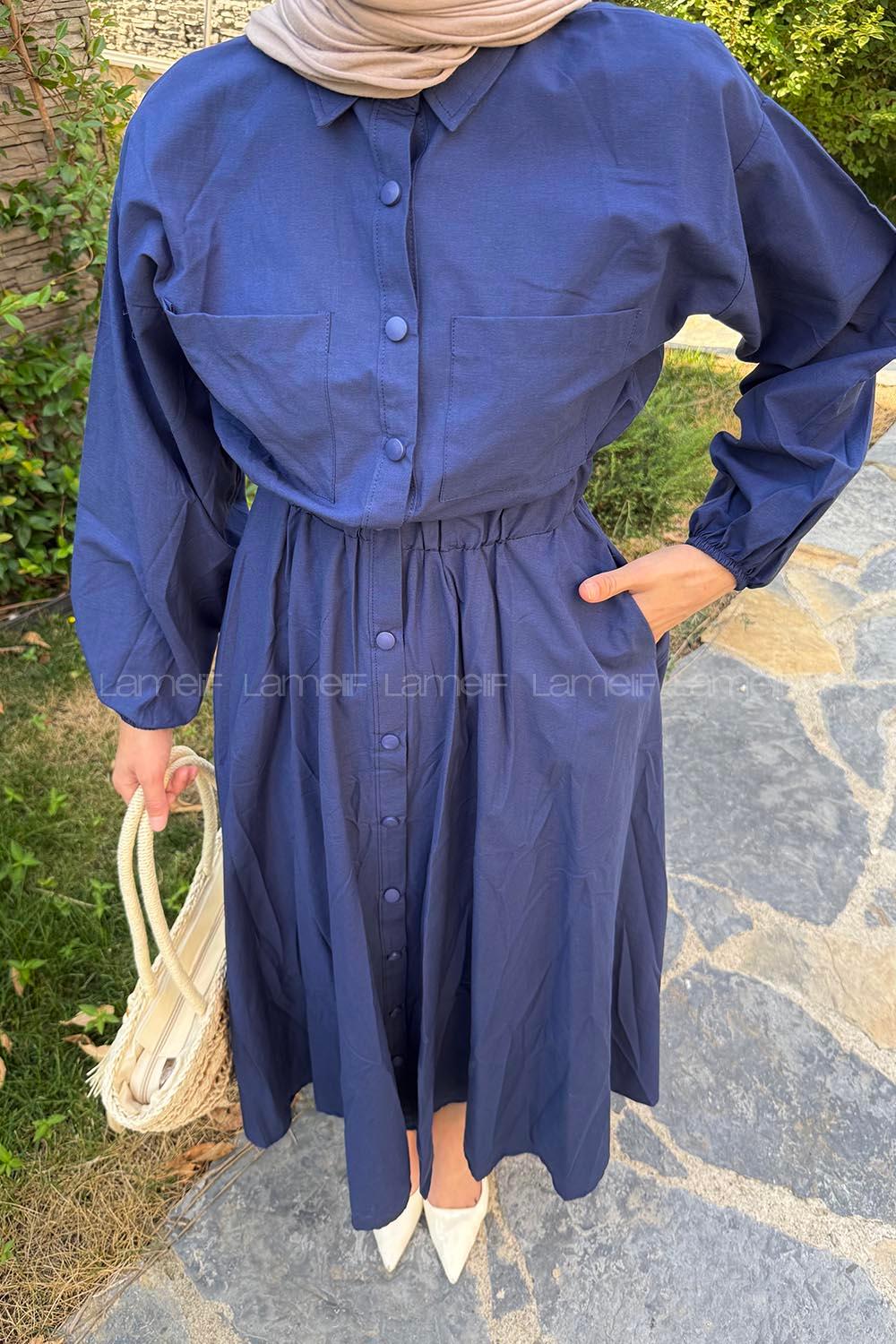 Lamelif Pat Detaylı Tesettür Elbise Lacivert