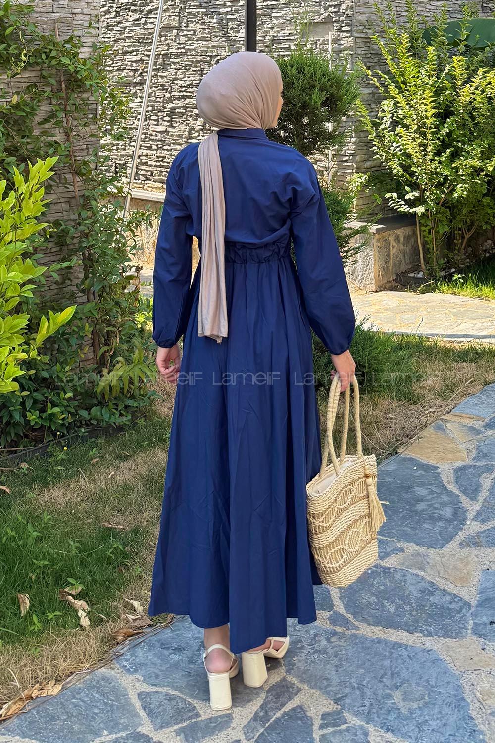 Lamelif Pat Detaylı Tesettür Elbise Lacivert