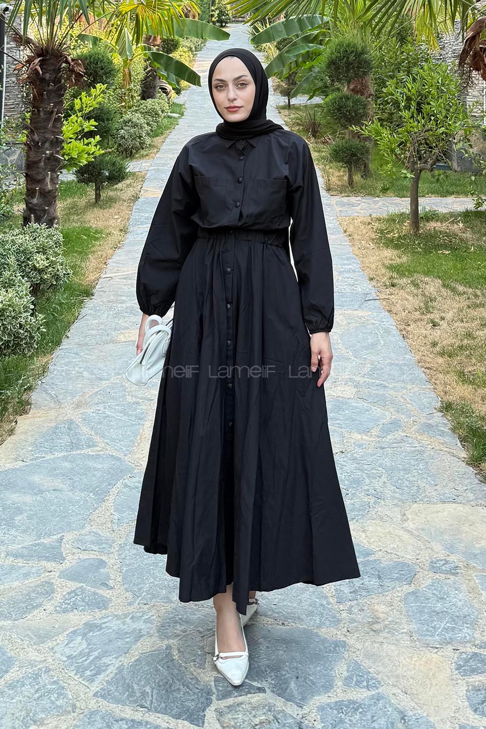 Lamelif Pat Detaylı Tesettür Elbise Siyah