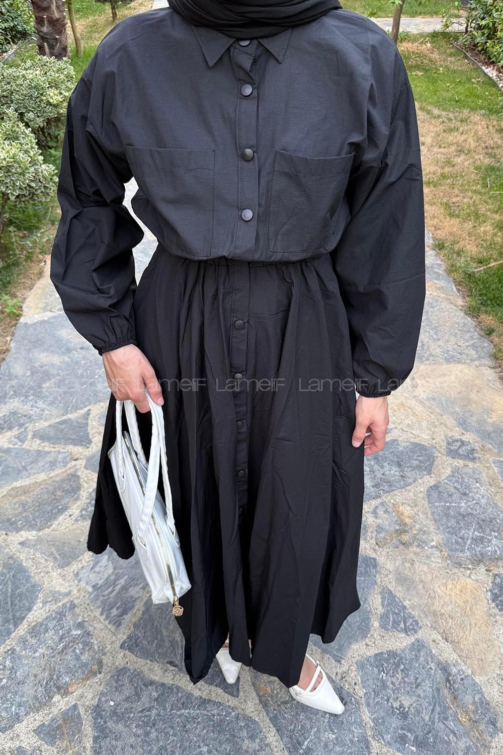 Lamelif Pat Detaylı Tesettür Elbise Siyah