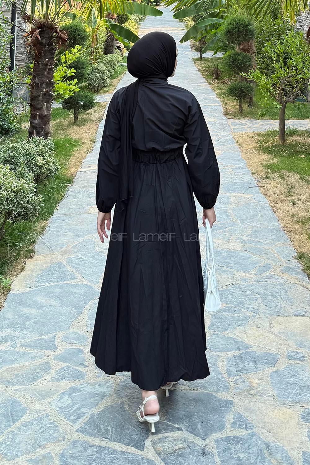 Lamelif Pat Detaylı Tesettür Elbise Siyah