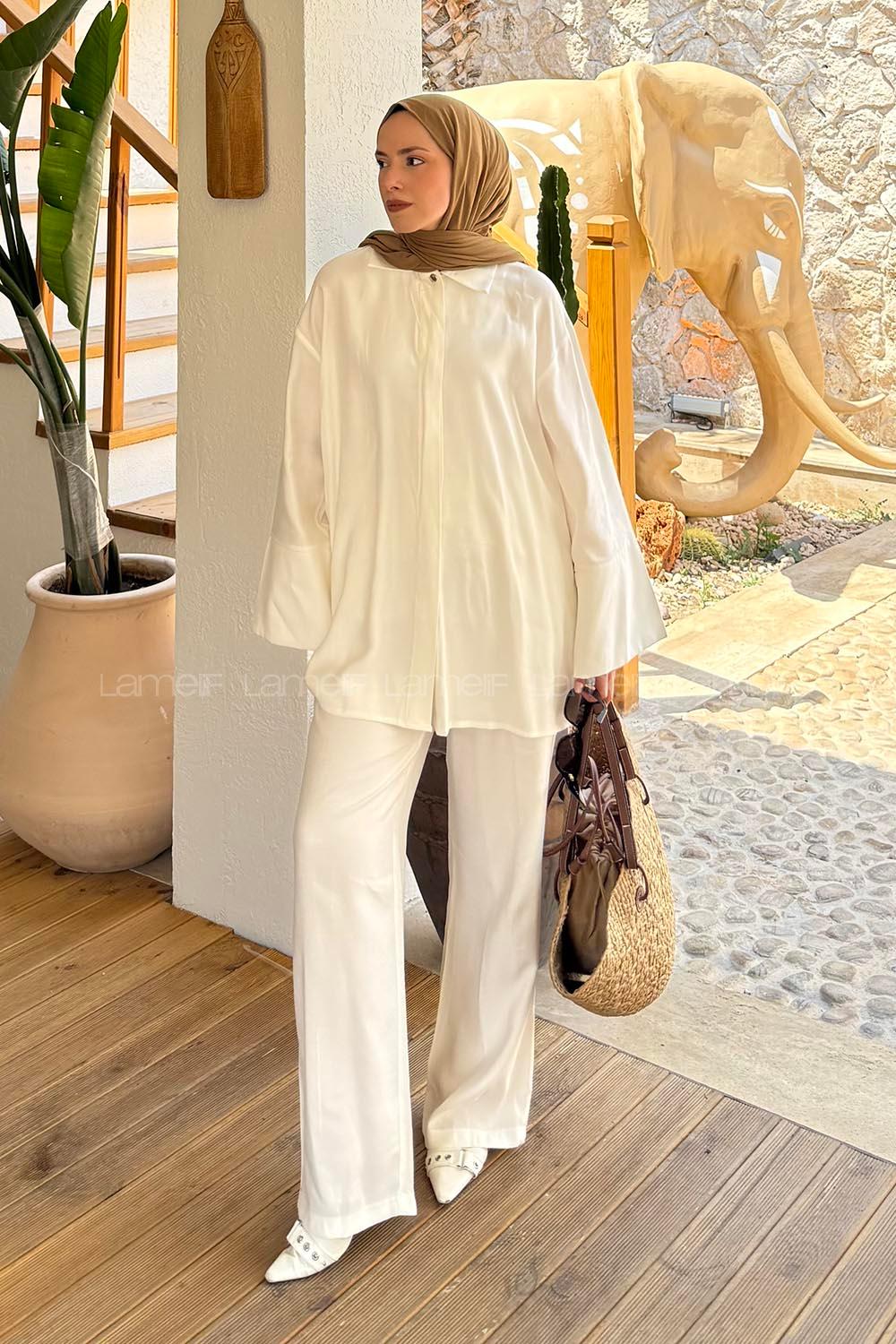 Lamelif Süs Dikişli Kemerli Takım Ekru