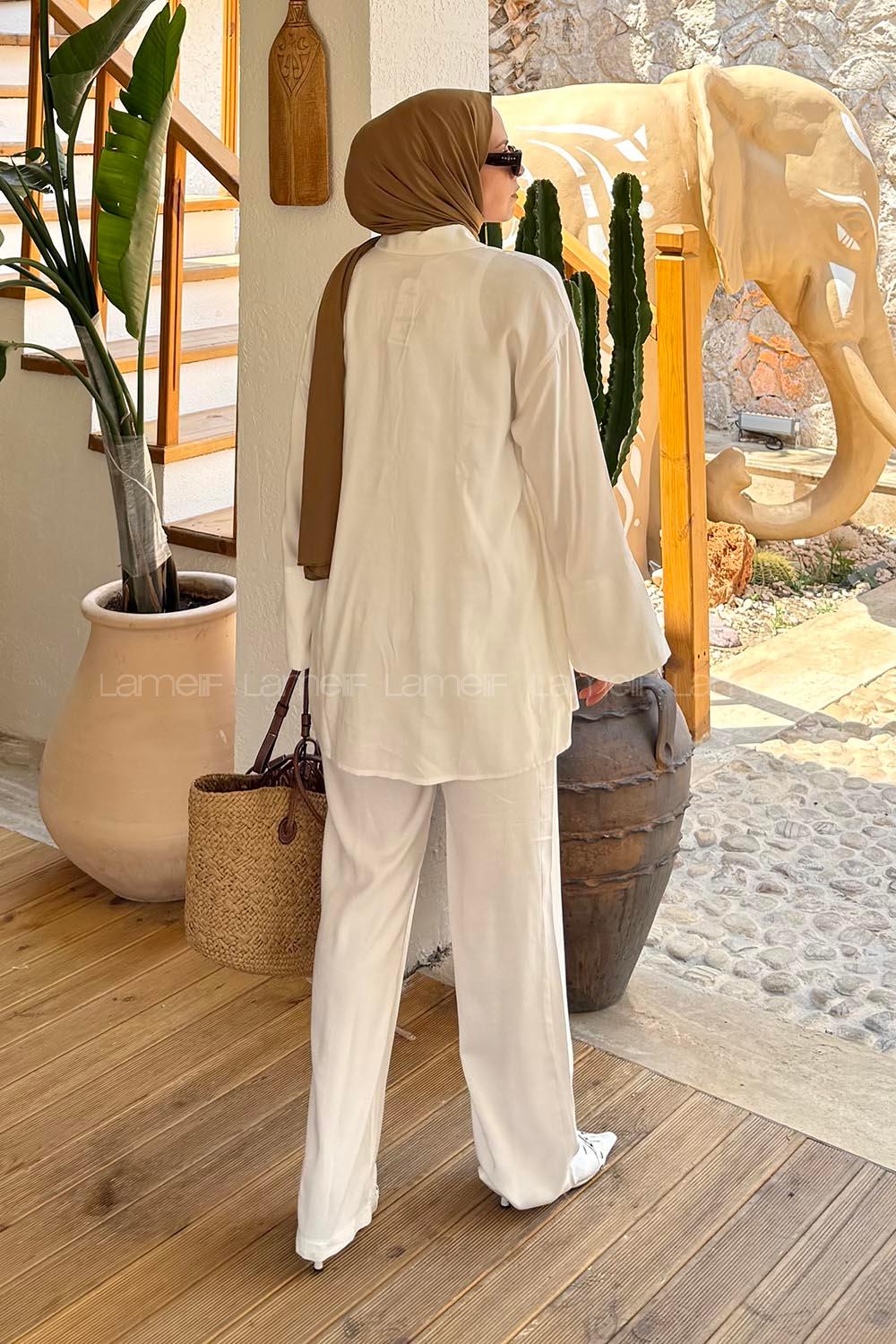 Lamelif Süs Dikişli Kemerli Takım Ekru