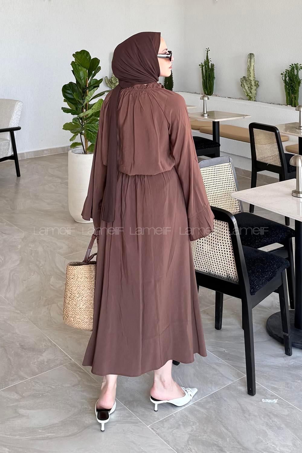 Lamelif Tensel Fırfırlı Tesettür Takım Kahve