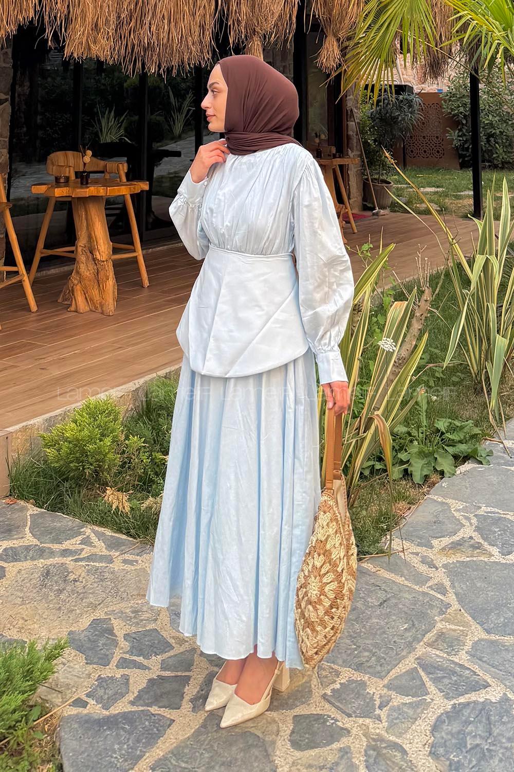 Lamelif Vual Kuşaklı Tesettür Elbise Bebe Mavisi