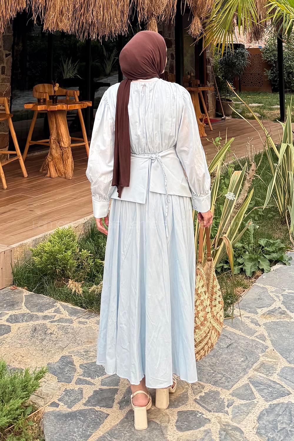 Lamelif Vual Kuşaklı Tesettür Elbise Bebe Mavisi