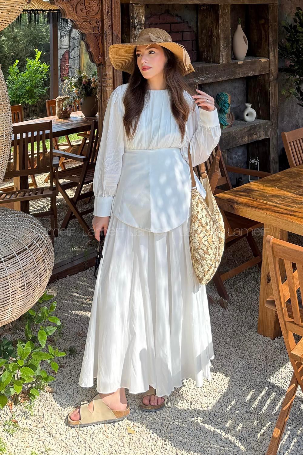 Lamelif Vual Kuşaklı Tesettür Elbise Beyaz