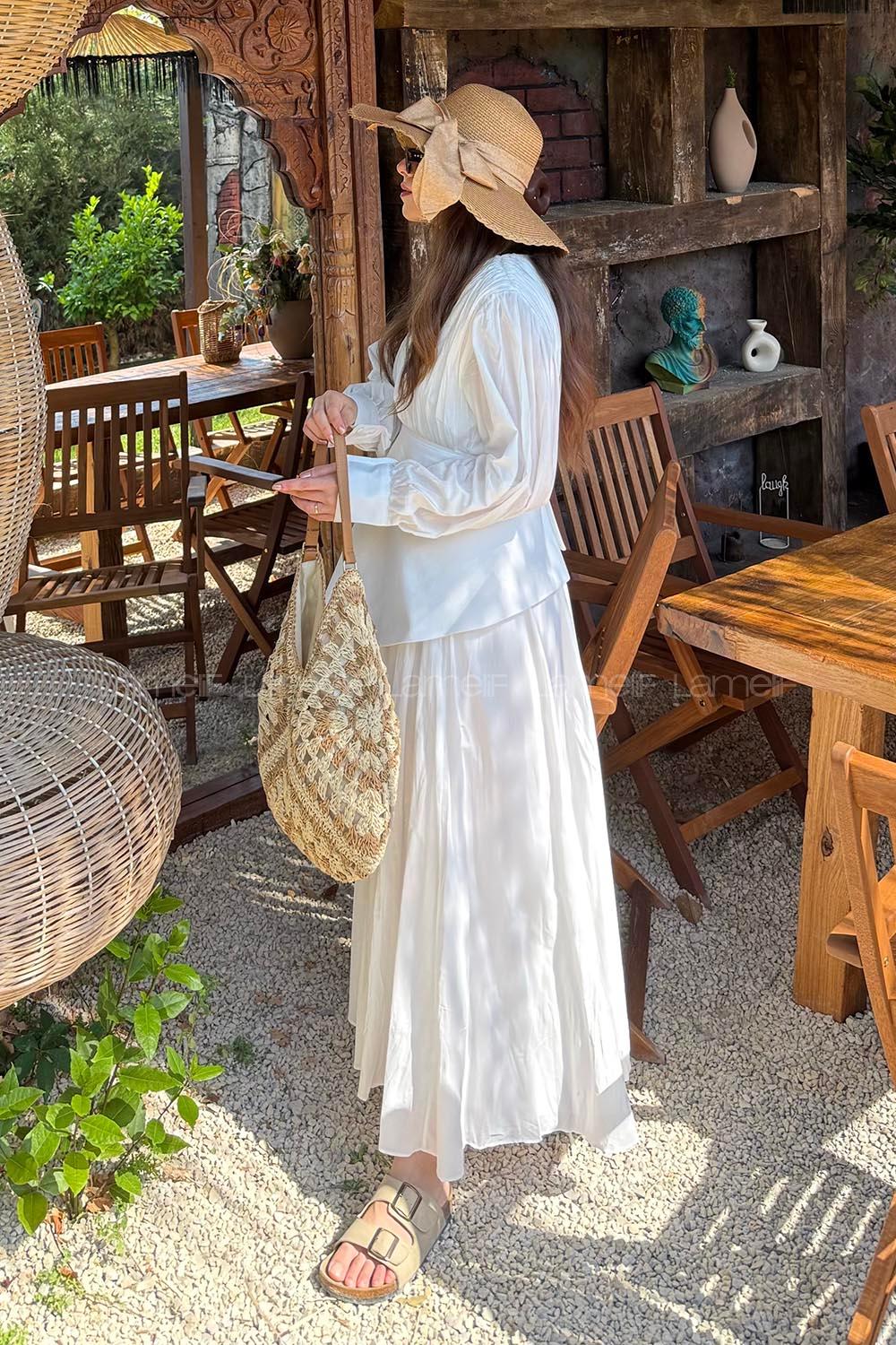 Lamelif Vual Kuşaklı Tesettür Elbise Beyaz