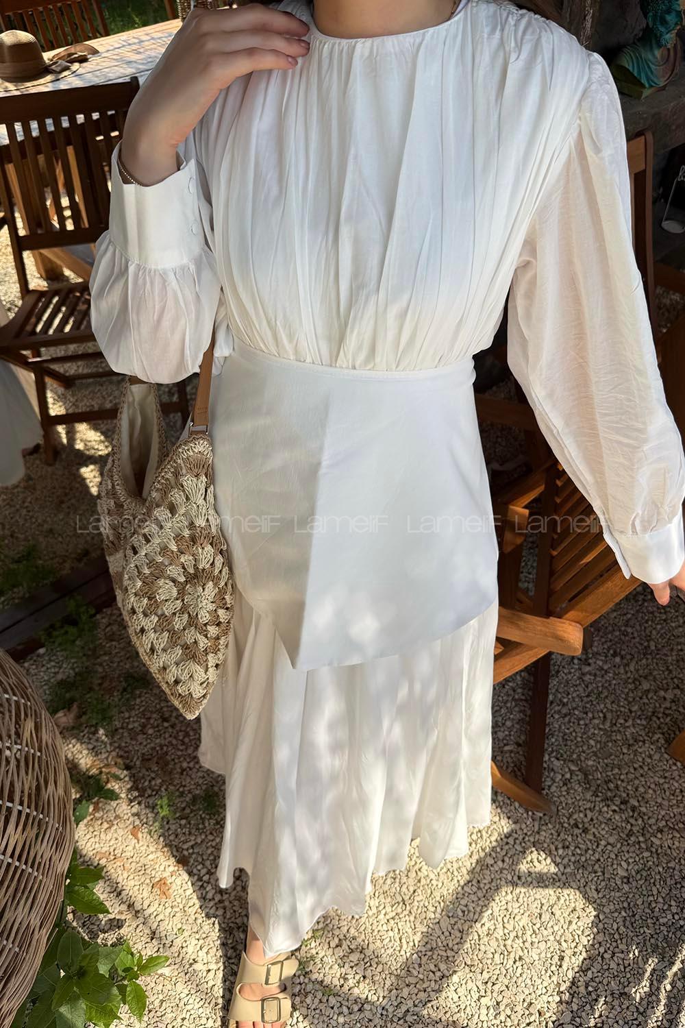 Lamelif Vual Kuşaklı Tesettür Elbise Beyaz