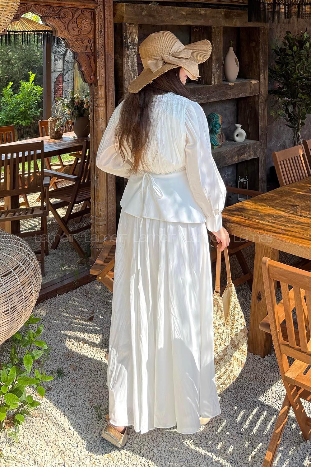 Lamelif Vual Kuşaklı Tesettür Elbise Beyaz