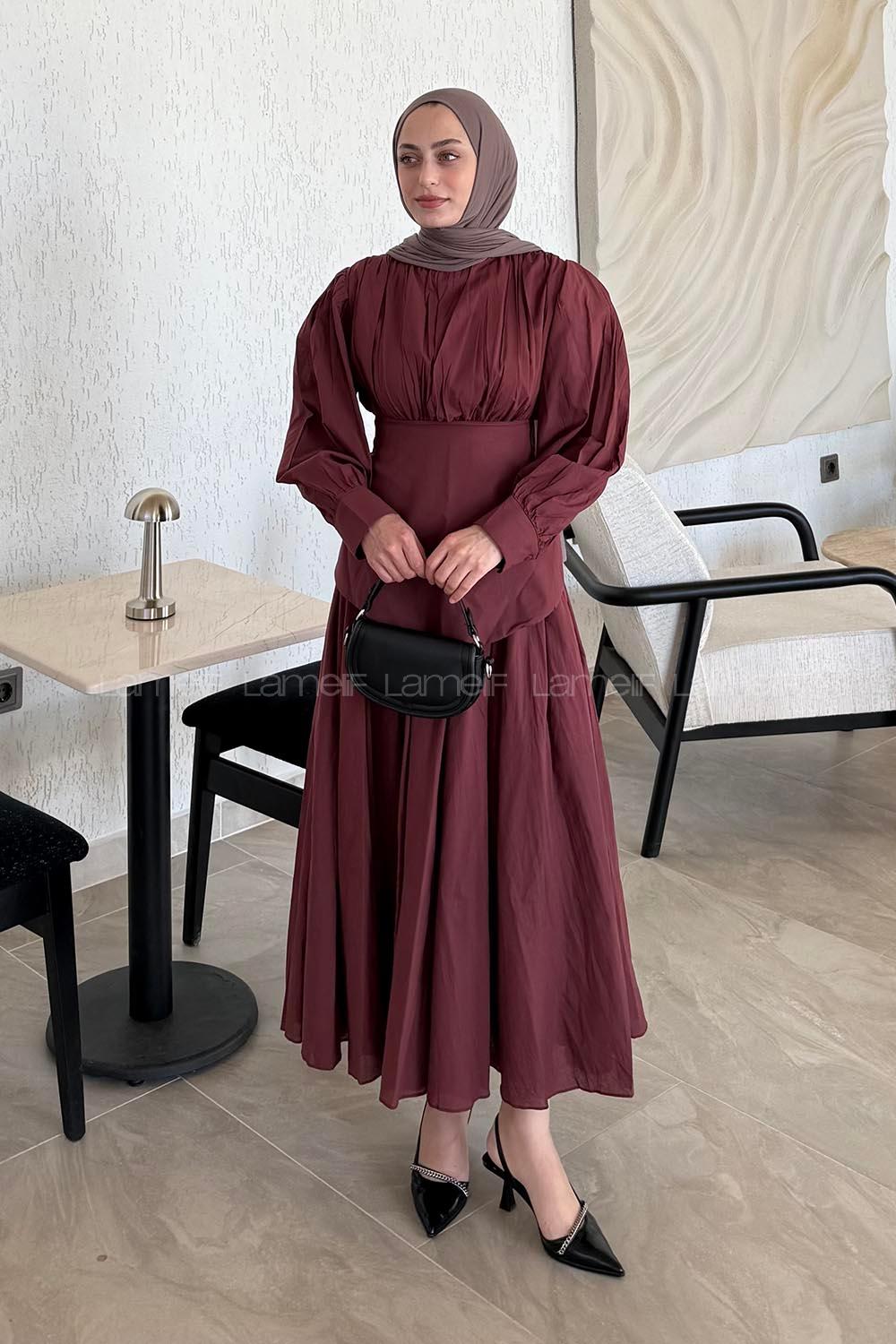 Lamelif Vual Kuşaklı Tesettür Elbise Bordo