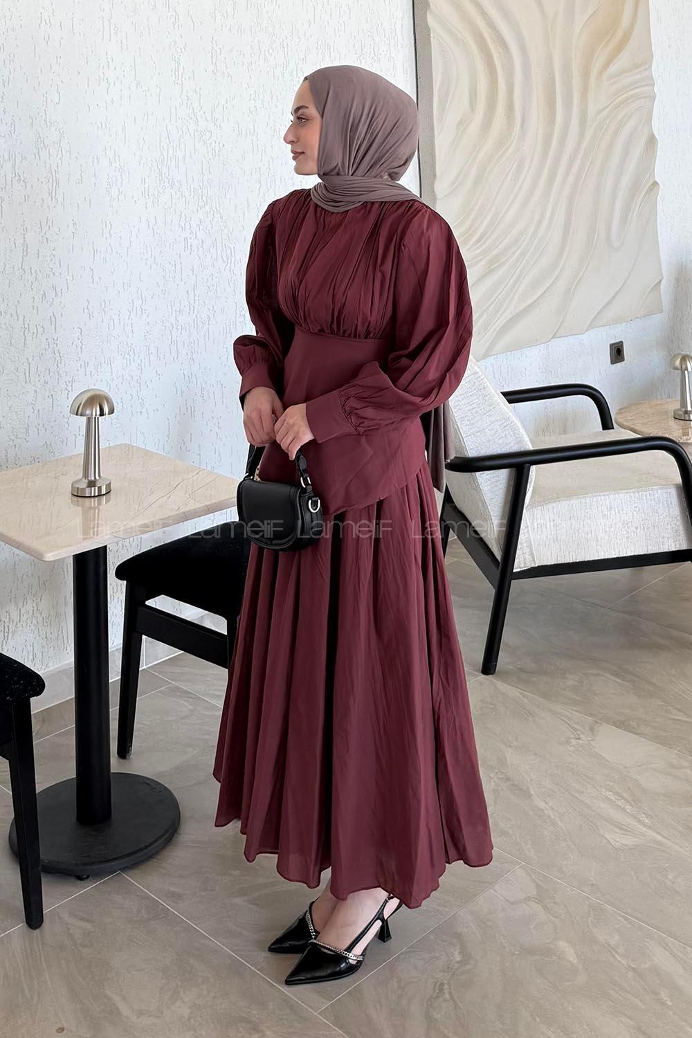 Lamelif Vual Kuşaklı Tesettür Elbise Bordo