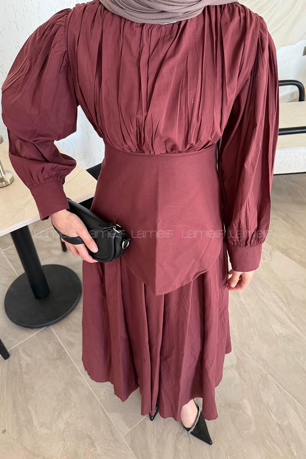 Lamelif Vual Kuşaklı Tesettür Elbise Bordo