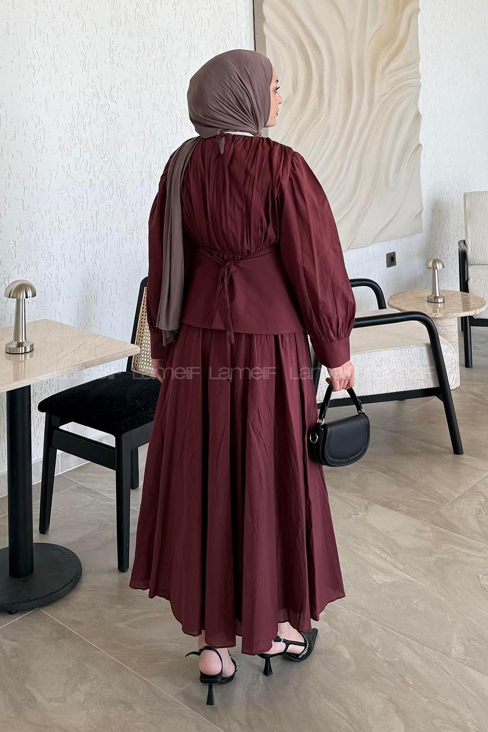 Lamelif Vual Kuşaklı Tesettür Elbise Bordo