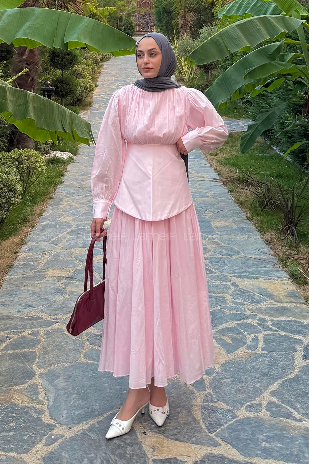 Lamelif Vual Kuşaklı Tesettür Elbise Pembe