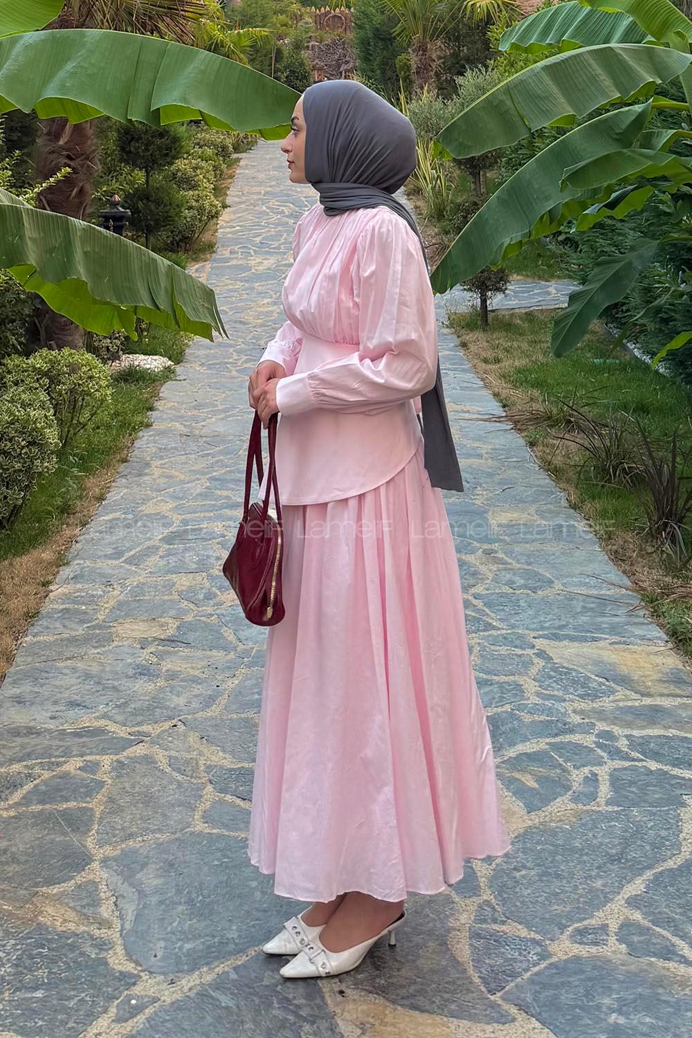 Lamelif Vual Kuşaklı Tesettür Elbise Pembe