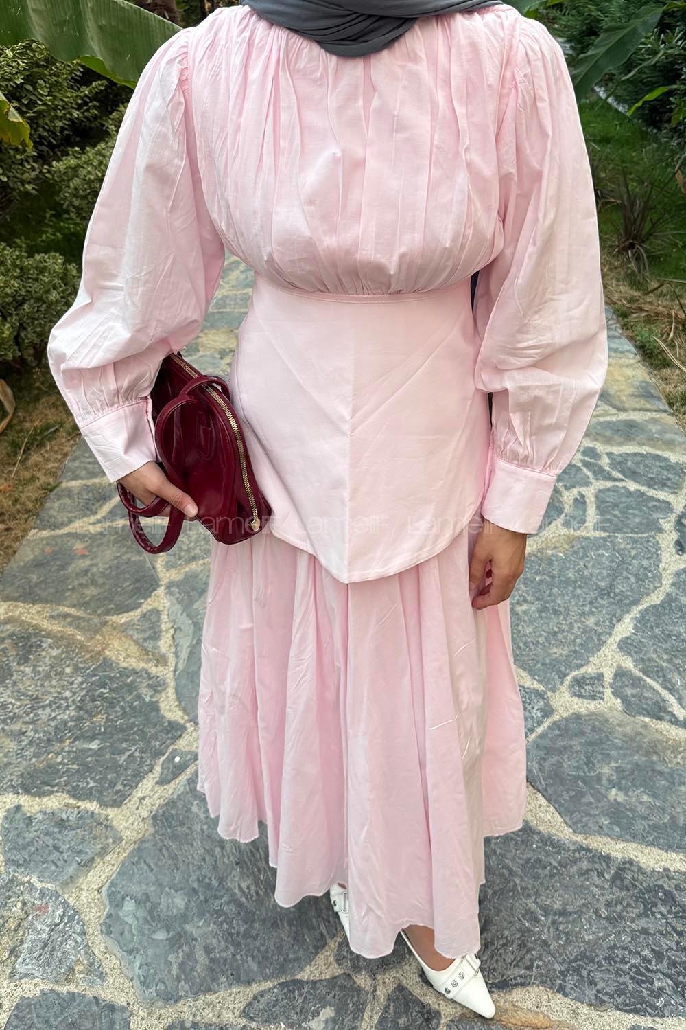 Lamelif Vual Kuşaklı Tesettür Elbise Pembe