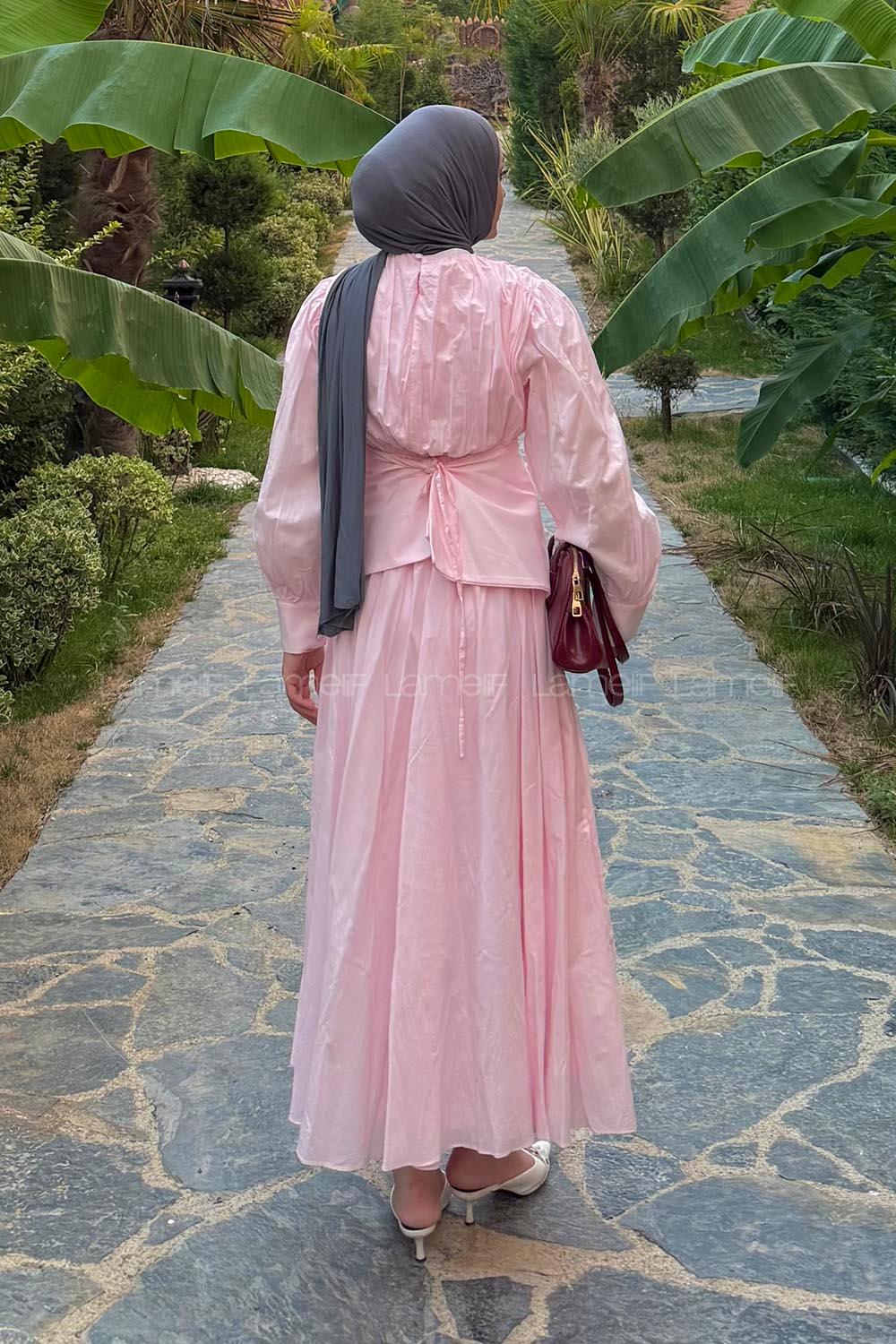 Lamelif Vual Kuşaklı Tesettür Elbise Pembe