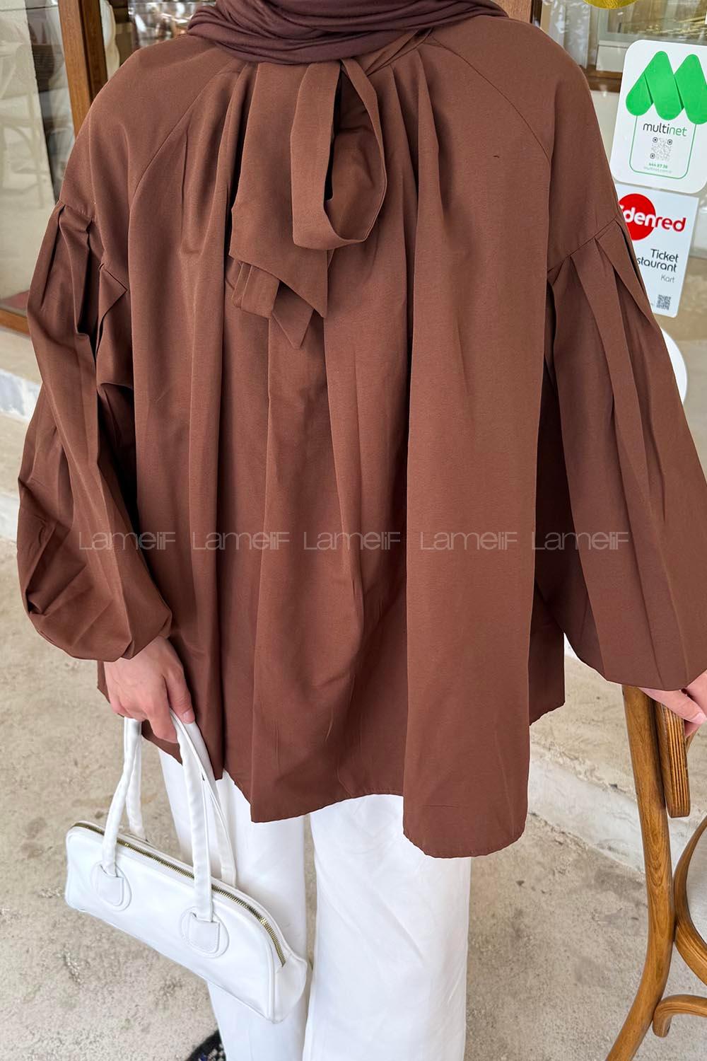 Lamelif Yaka Fular Detaylı Gömlek Acı Kahve