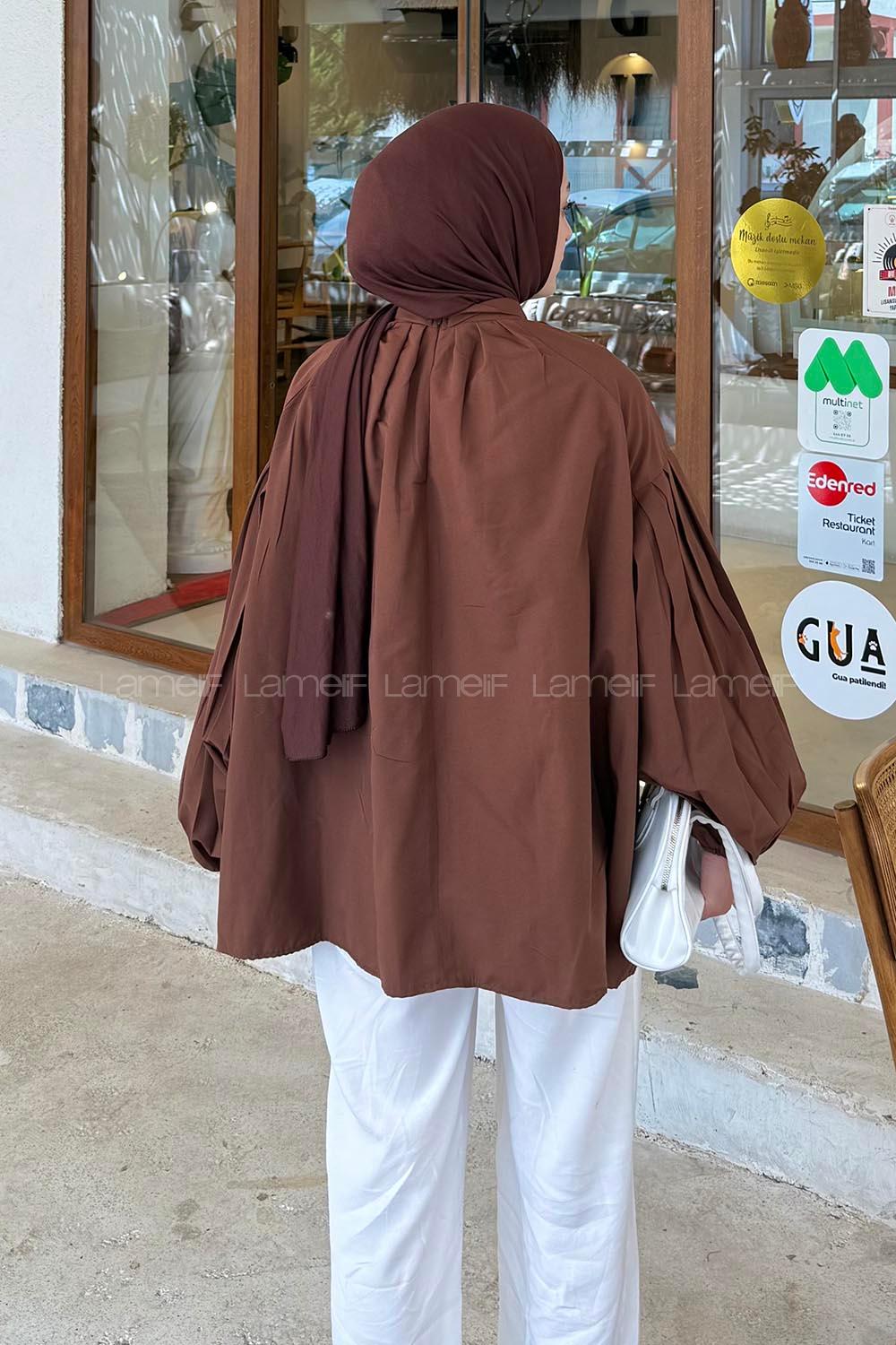 Lamelif Yaka Fular Detaylı Gömlek Acı Kahve