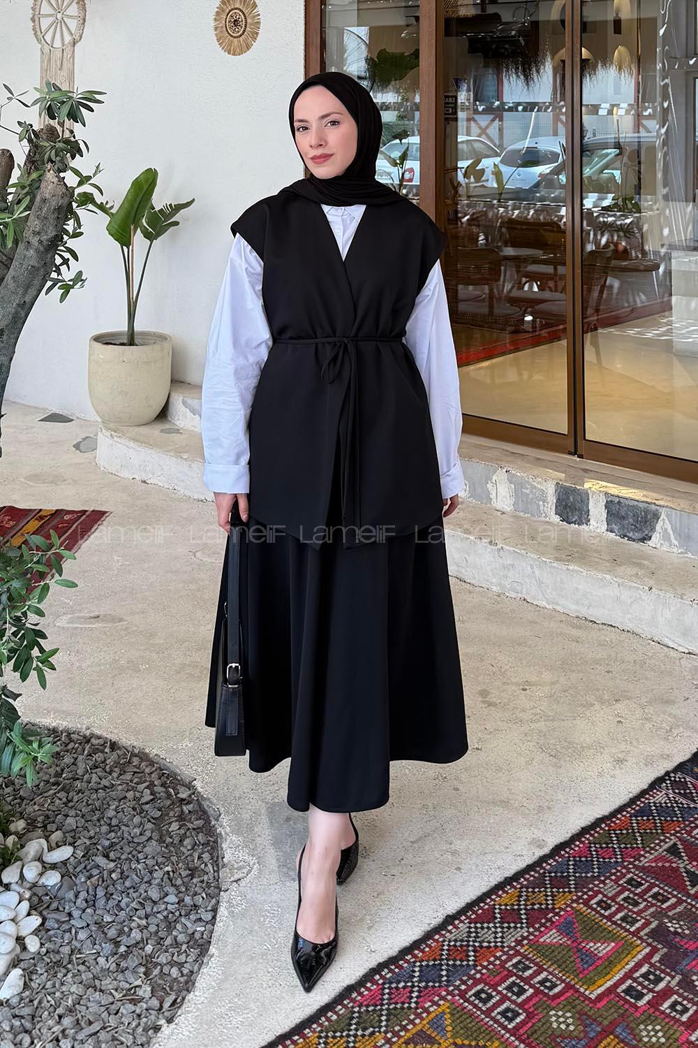 Lamelif Yelek-Etek İkili Tesettür Takım Siyah