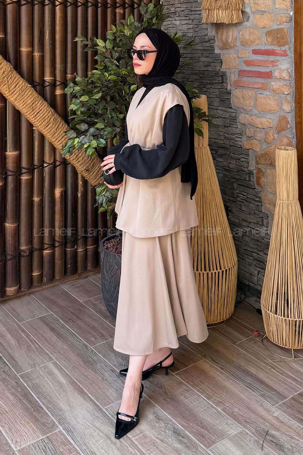 Lamelif Yelek-Etek İkili Tesettür Takım Vizonrengi