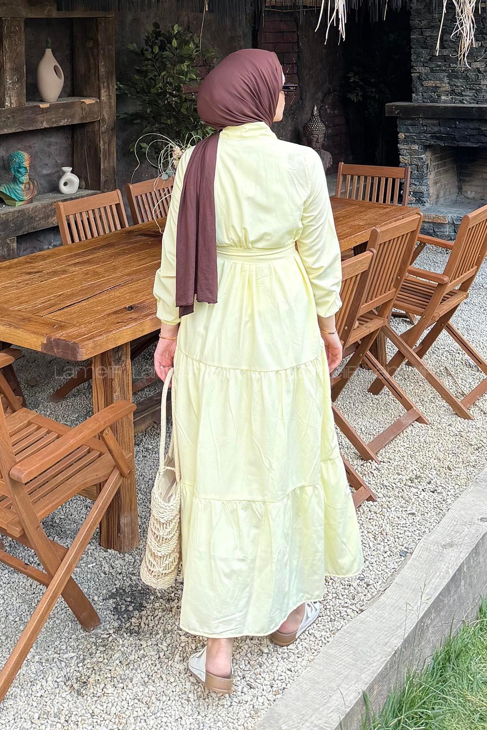 Lamelif Yarım Düğme Detaylı Terikoton Elbise Sarı