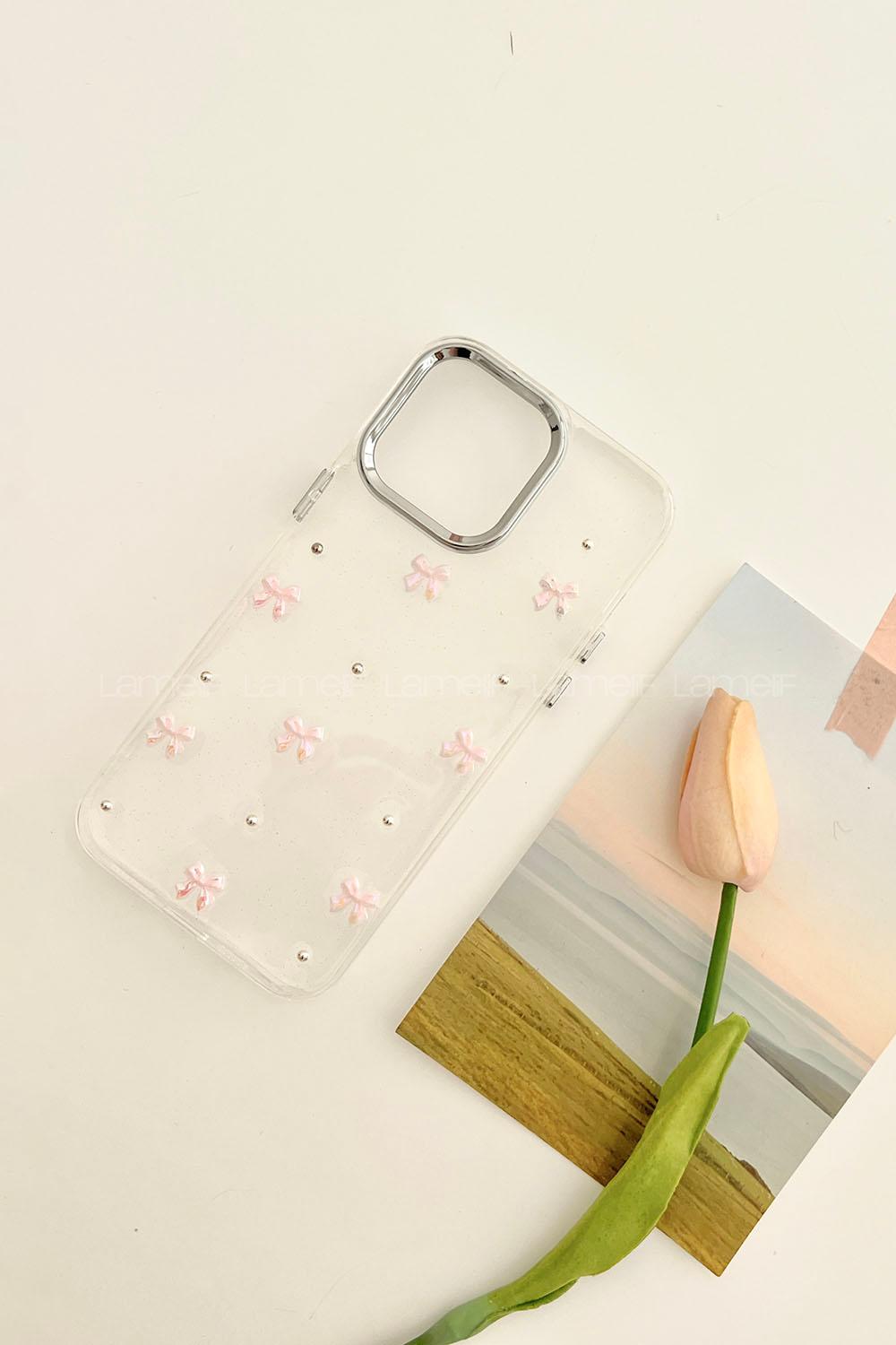 Lamelif ıPhone 14 Pro Max Şeffaf Pembe Kurdale Kabartmalı Telefon Kılıfı